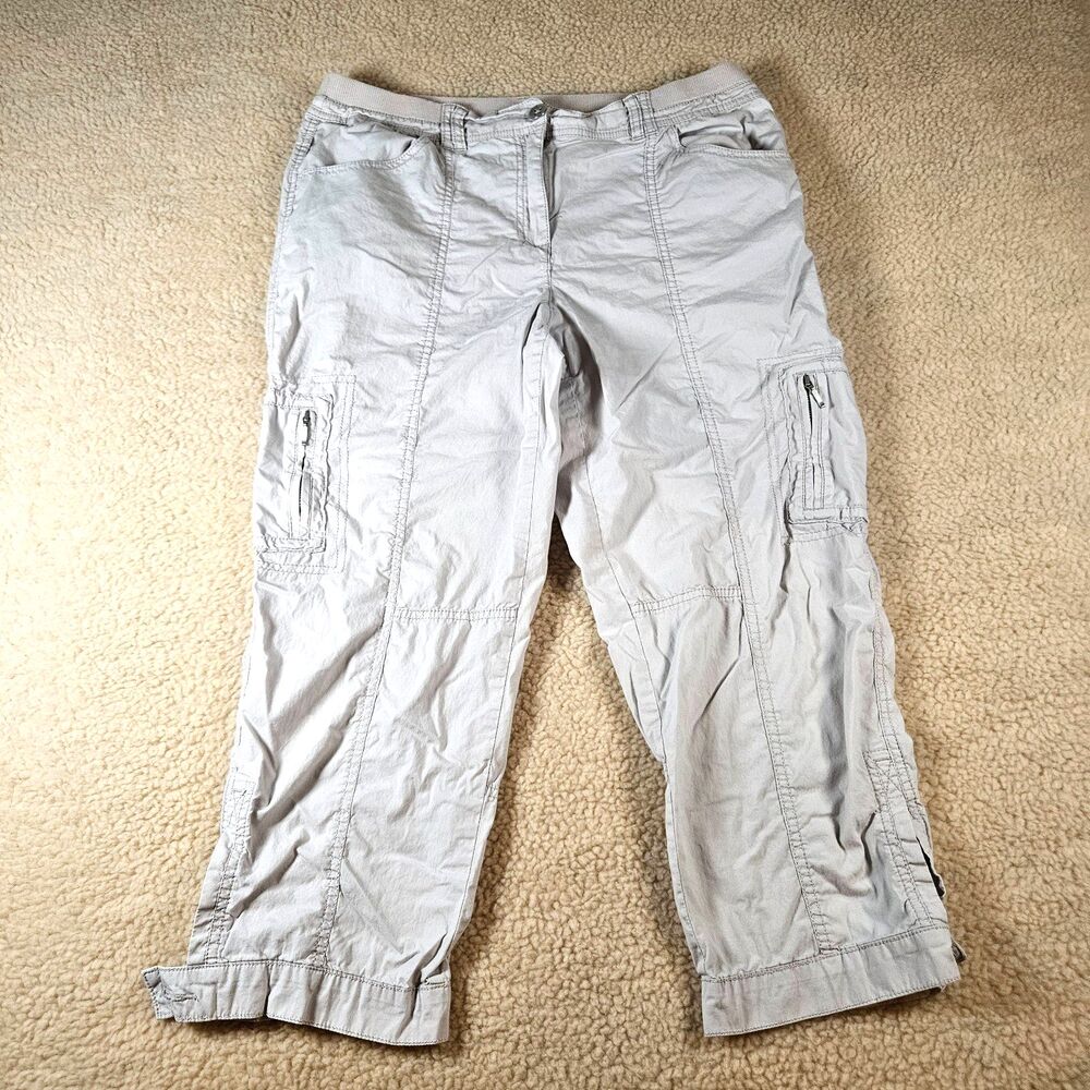 Chico's Cargo Capri Pants Womens Size 1 Khaki Stretch Utility Cropped Zip Pocket - Picture 1 of 10